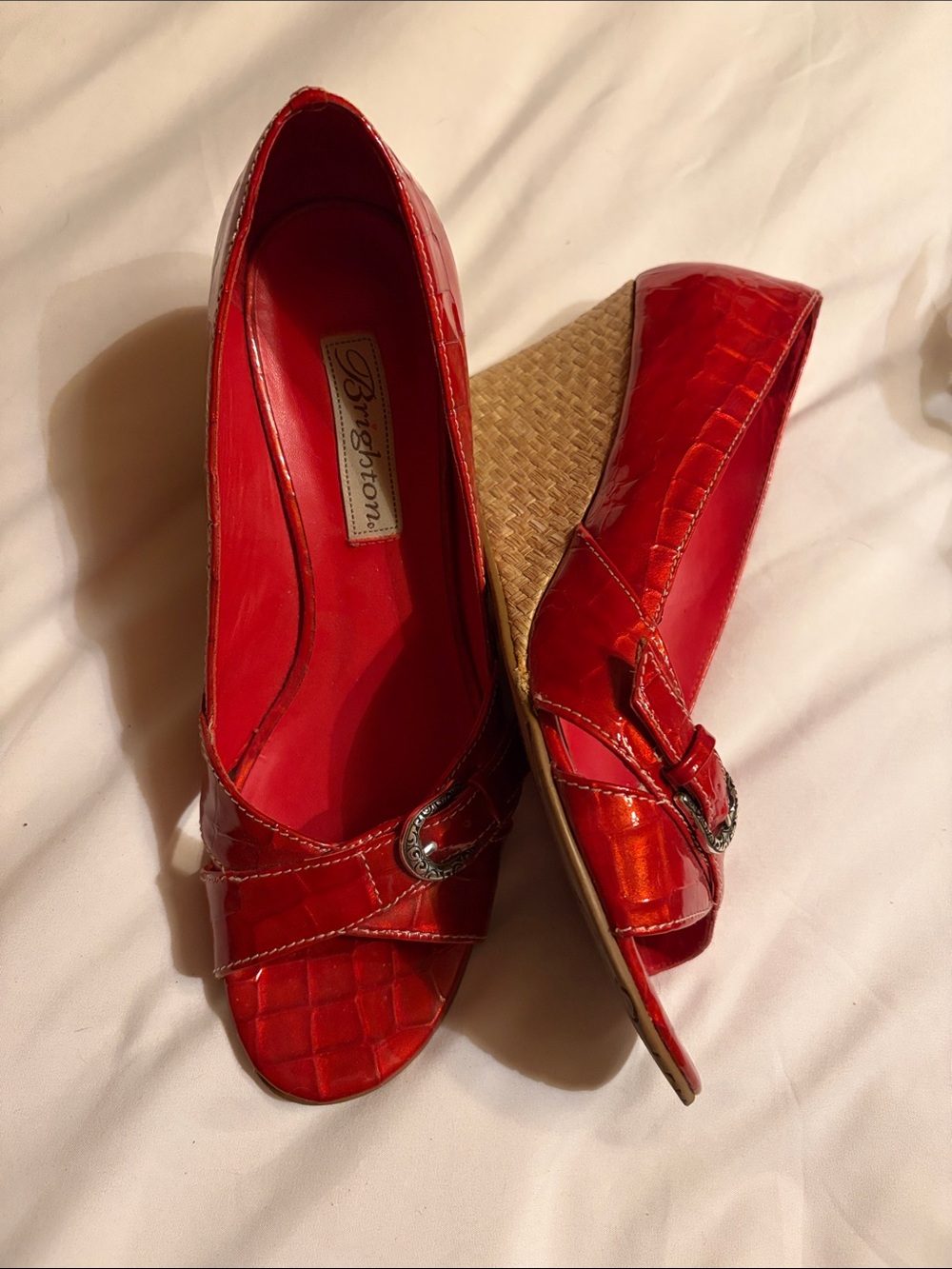 Brighton Red Patent Wedge Peep-Toe Heels